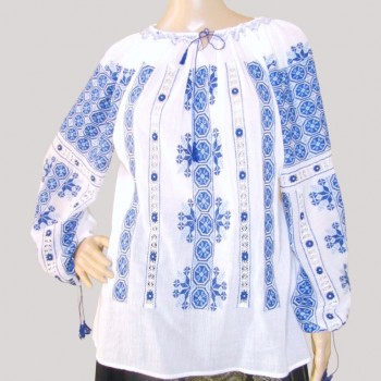 Blusa folclórica rumana bordada a mano, blusa étnica bordada azul