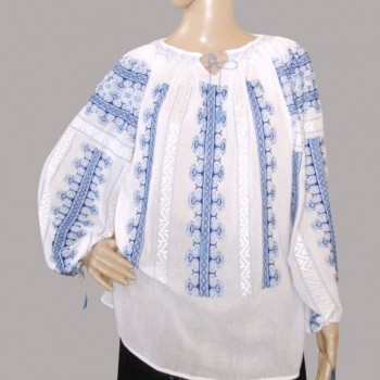 Camicetta rumena ricamata a mano, camicetta folk con ricamo blu