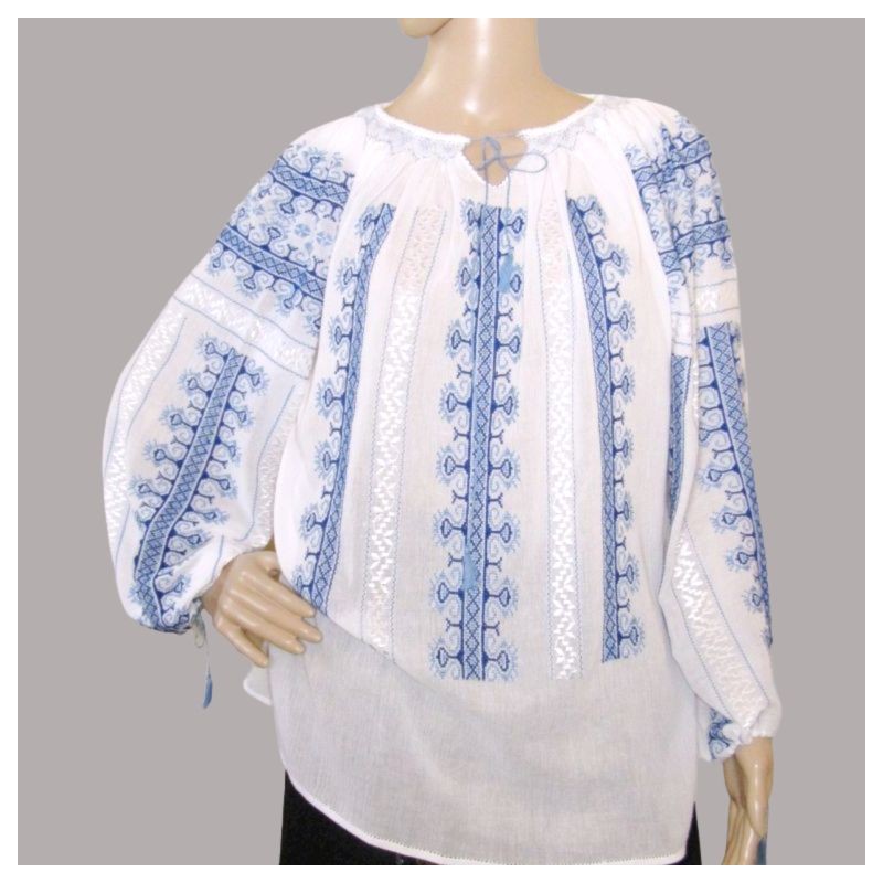 Camicetta rumena ricamata a mano, camicetta folk con ricamo blu Camicetta rumena ricamata a mano, camicetta folk con ricamo blu