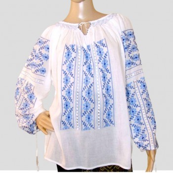 Handbroderad rumänsk blus, rumänsk folkskjorta med blå blommor