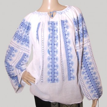 Rumänsk blus handgjord, folkblus med blått broderi