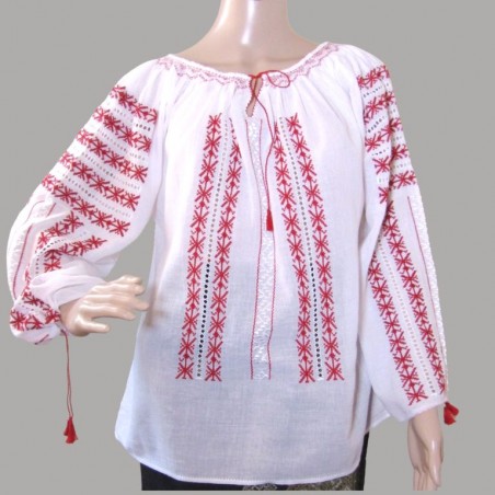 Blouse roumaine , chemisier folk brodé rouge