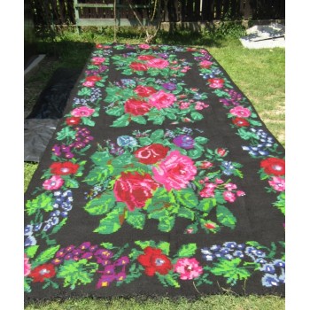 Romanian traditional kilim with roses , vintage rug with flowers