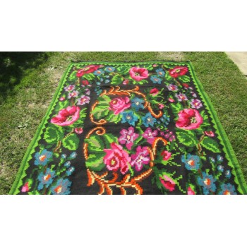 Antique handmade kilim with flowers , Romanian rug