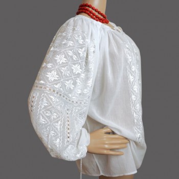 Handmade Romanian blouse , white silk hand embroidered blouse