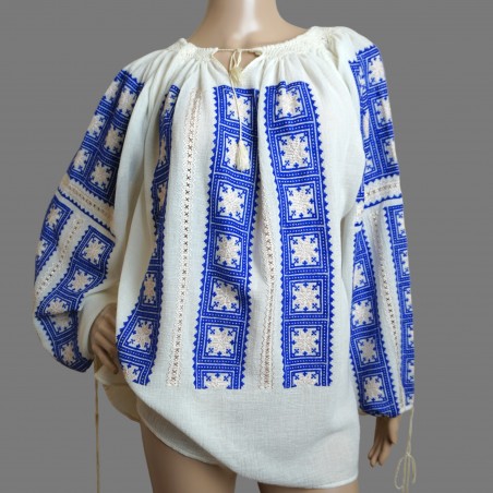 Handmade Romanian traditional blouse with royal blue embroidery