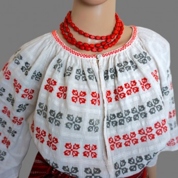 Vintage Romanian traditional clothing , handmade folk costume in red