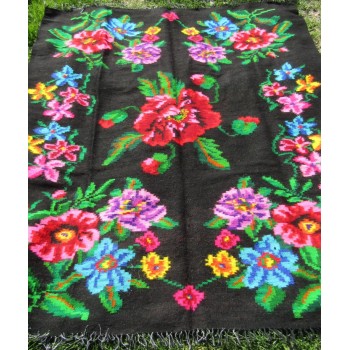 Alfombra antigua de lana rumana, alfombra tribal con flores.