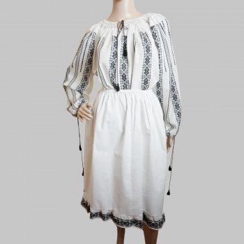 Traditional Romanian clothing with black pattern : Romanian blouse , handmade folk skirt and wool apron
