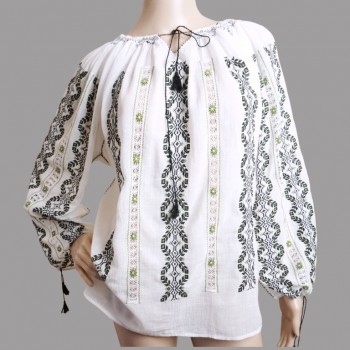 Chemisier traditionnel roumain fait main avec broderie noire et kaki