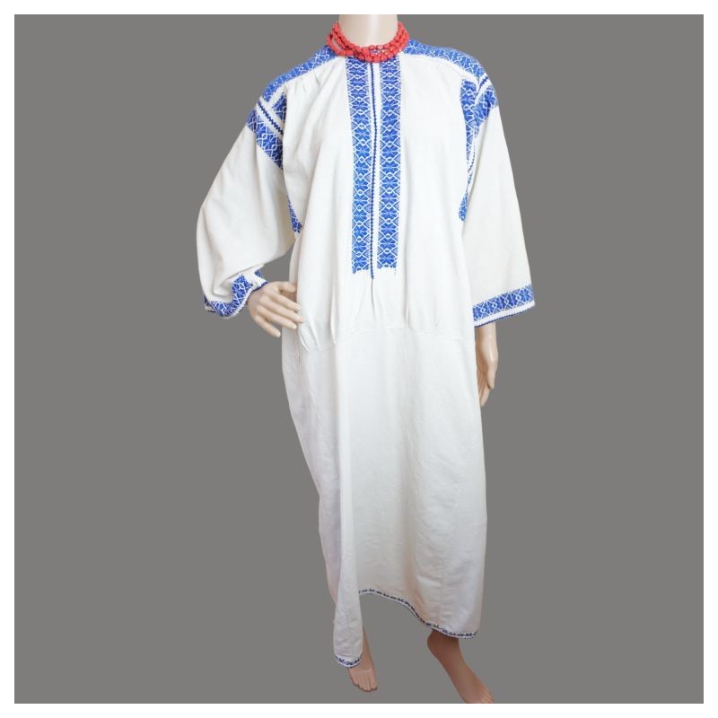 Vintage handmade Romanian dress with blue embroidery Vintage handmade Romanian dress with blue embroidery