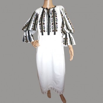 Rochie traditionala romaneasca cu dungi negre si model floral