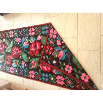 Vintage Romanian traditional wool rug with flowers from Transylvania