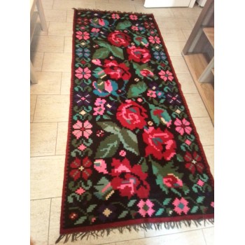 Vintage Romanian traditional wool rug with flowers from Transylvania