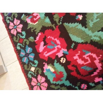 Handmade antique wool rug kilim with roses from Romania