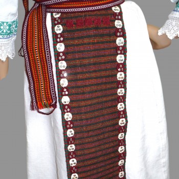 Authentic Traditional Romanian Outfit with Hand-Embroidered Dress and Ornamental Wool Aprons