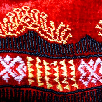 Vintage Traditional Hand-Embroidered Red Velvet Apron from Banat