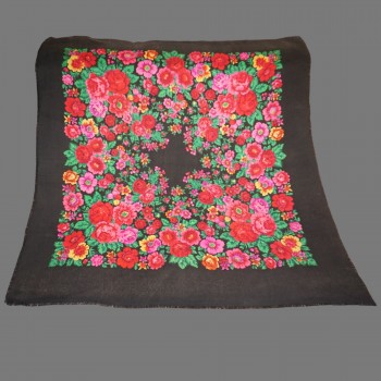 Äkta vintage rumänskt yllesjal – svart bakgrund med färgglada blommönster