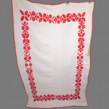 Raro mantel rumano vintage – tejido a mano en cáñamo y lino con bordado floral rojo