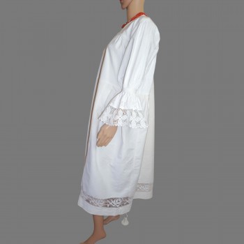 Handmade Romanian Traditional Clothing with Bell-Sleeved Dress, Wool Aprons, and Woven Belt