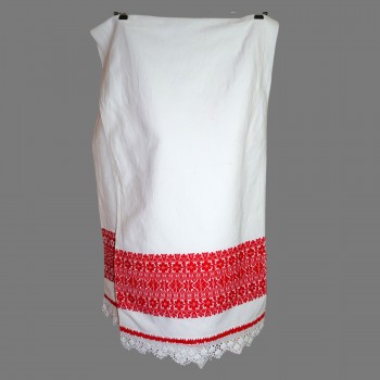 Vintage rumänisches Handtuch – Rote geometrische Muster & handgemachte Spitze